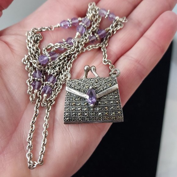 Sterling Silver Amethyst marcasite purse locket Necklace - Picture 2 of 7